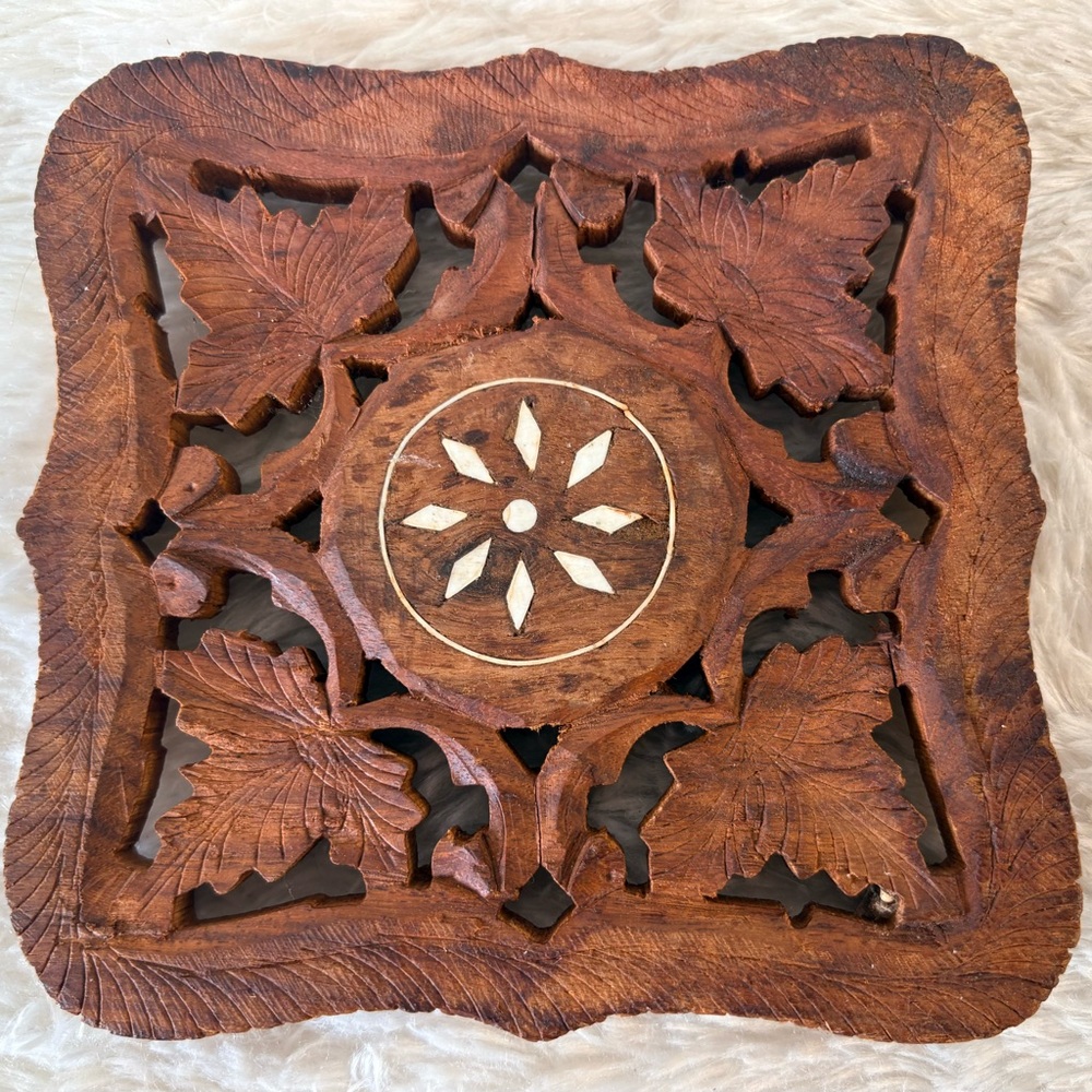 Vintage Carved Wooden Teak Trivet made in India 6”x6”